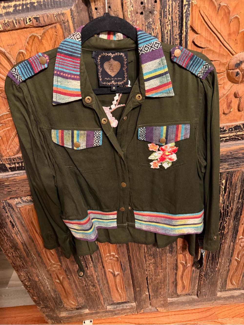 Bohemian Olive Green Jean Jacket with Multicolor Trim by (no brand)